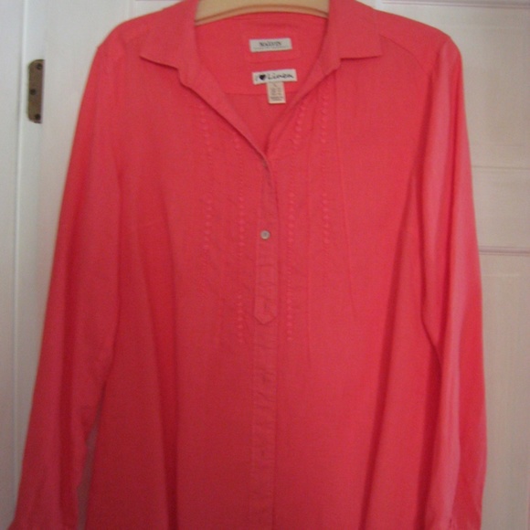 Malvin LARGE Linen Blouse Germany Coral Pink Embroidered Long Sleeve Womens - Picture 1 of 9